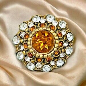 Autumn Jewel Brooch Vintage Mexico Round Elegant Amber Tone Estate Jewelry Pin